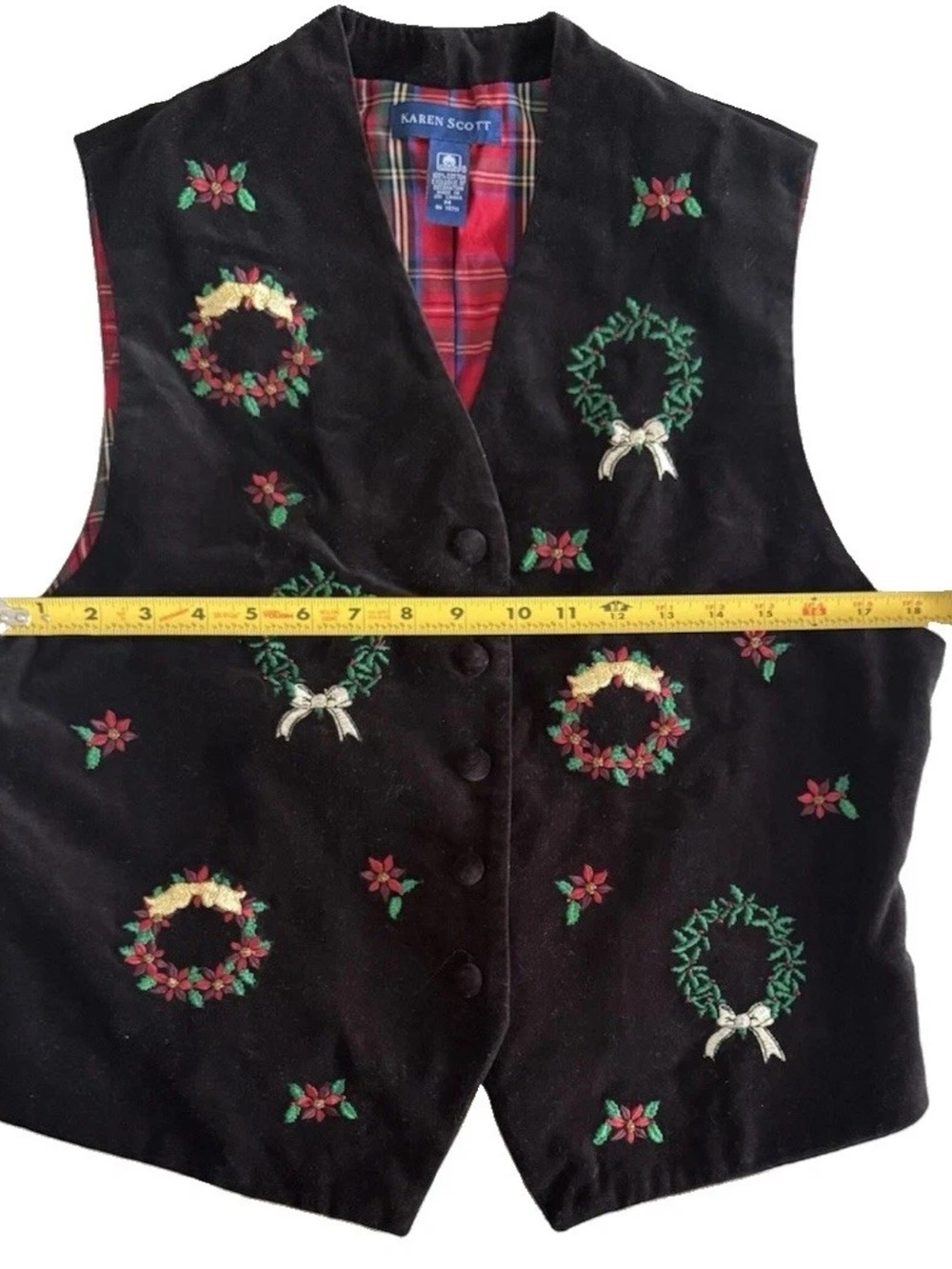 Ugly Christmas Vest Velvet Embroidered Wreaths Tartan Plaid Back 90s VTG Medium - Picture 9 of 12